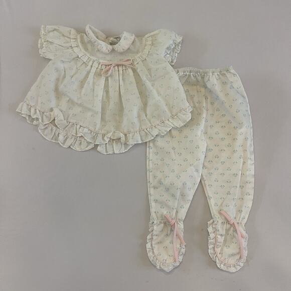 Vintage Baby Girl Alexis 2 Piece Set Footy Pants Outfit Tulips - Picture 1 of 6